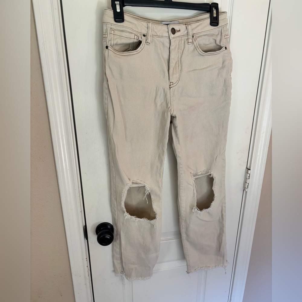 RSQ Beige High Rise Straight Leg Distressed Jeans Tapered Bottom 27 BCI Cotton